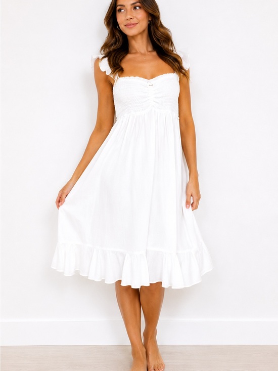 Dresses & Skirts - White Smocked Ruffle Strap Midi Dress XL NWT Flowy Sundress
